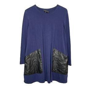 BCBGMAXAZRIA Farah Long Sleeve A-Line Dress Faux Leather Pockets Navy Blue XS
